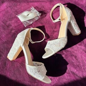 Crochet Lace Block Heel Sandals with Ballerina Lace Up in White